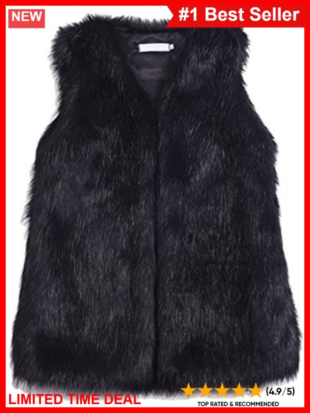 Faux Fur Vest Sleeveless Jacket V-Neck Hook Closure Side Pockets